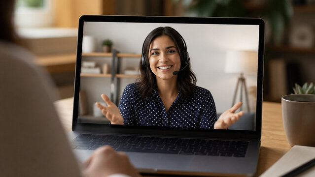 A smiling woman wearing a headset speaks during an online customer service video call displayed on a laptop in a warm home office.