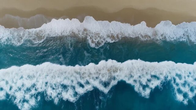 Aerial top down view of ocean waves with white foam rolling toward a sandy beach shoreline