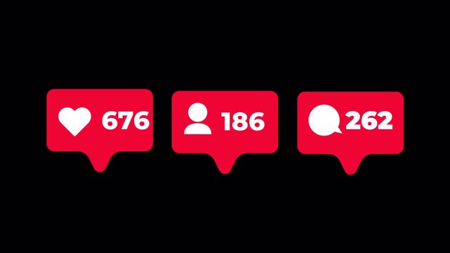 Social Media Notification Icon Animation In The Form Of Red Bubble Displaying The Number Of Likes, Followers, And Comments Icon. With Transparent Background. 4k Resolution