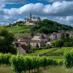 Fototapeta premium A scenic landscape featuring a historic village nestled at the foot of a hill, topped by an old stone church, surrounded by lush green vineyards under a dramatic cloudy sky.