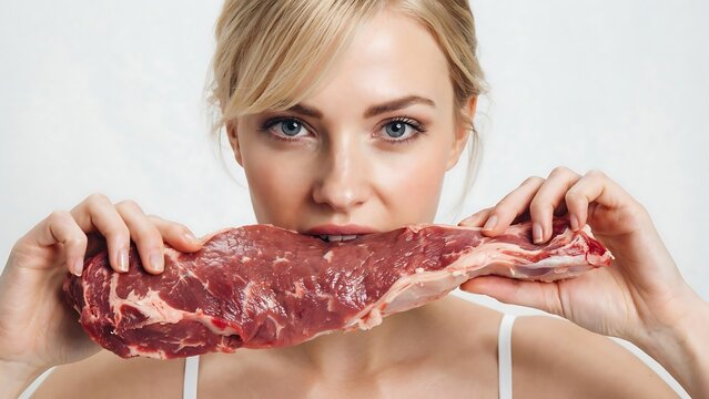 Young woman looking at camera while holding raw piece of beef steak with nutrition