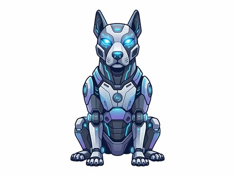 Futuristic robotic dog illustration with glowing blue eyes.