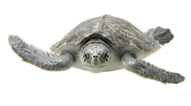 A detailed close-up studio shot of a swimming sea turtle hatchling captured against a clean white background with a natural calm mood.