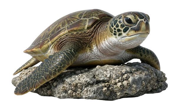 A detailed green sea turtle resting on a textured rock, captured in a sharp studio-style shot with a clean isolated white background.