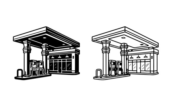 Gas station vector illustration with fuel pumps and convenience store