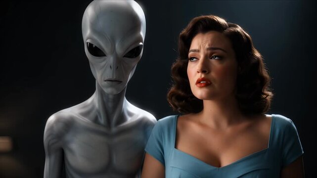 Alien encounter woman looking startled in vintage sci-fi scene