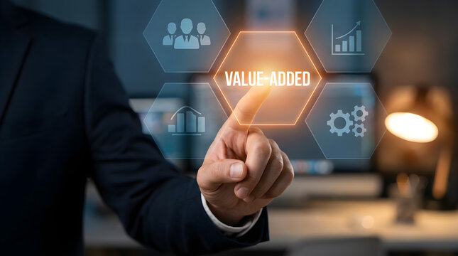 Businessman touching value-added hologram icon with team and growth icons representing business value proposition and strategy concept