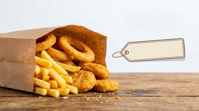 Fast food combo of fried onion rings, chicken nuggets, and french fries in paper bag