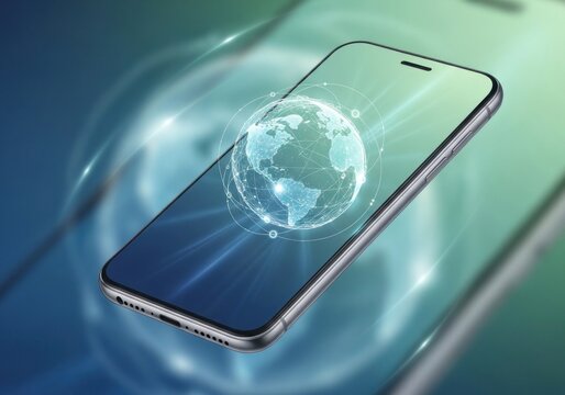 Digital smartphone displays a glowing holographic globe representing global connectivity and modern communication technology.