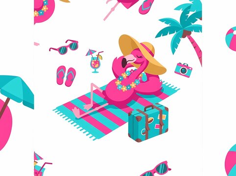 Summer vacation seamless pattern with cute pink flamingo.