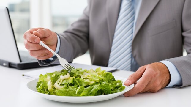 Businessman eats green salad with fork at office desk. Laptop and suit create formal work lunch scene
