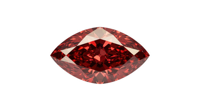 A marquise-cut red ruby gemstone sparkling with brilliant facets against a clean white background in a professional macro studio shot.