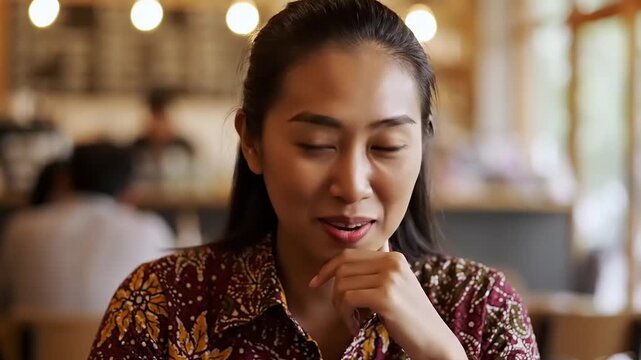 Businesswoman wearing traditional batik clothing sits at a cafe table while contemplating a new project.