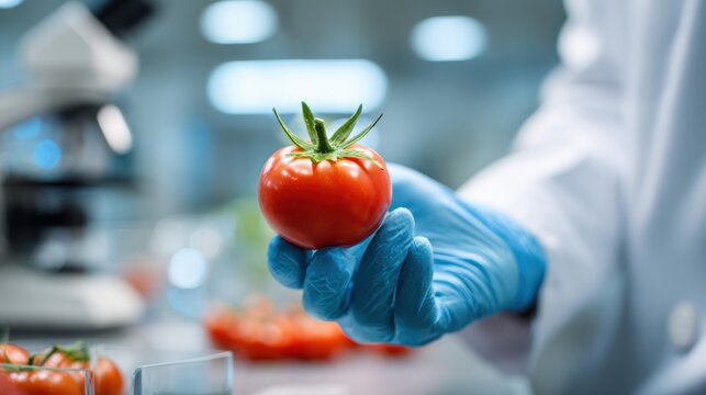 close up hand scientist hold tomato in technology laboratory. GMO and laboratory studies, vegetable, laboratory, biology, science, agriculture, chemical, research, modification