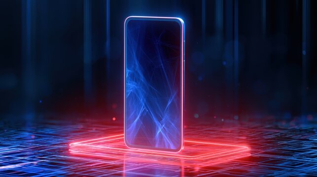 Smartphone on technology background. Neon glowing mobile phone on abstract dark background. Futuristic network connection