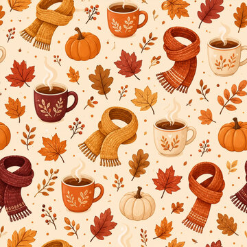 Cozy Autumn Seamless Pattern with Pumpkins Hot Drinks Scarves and Leaves