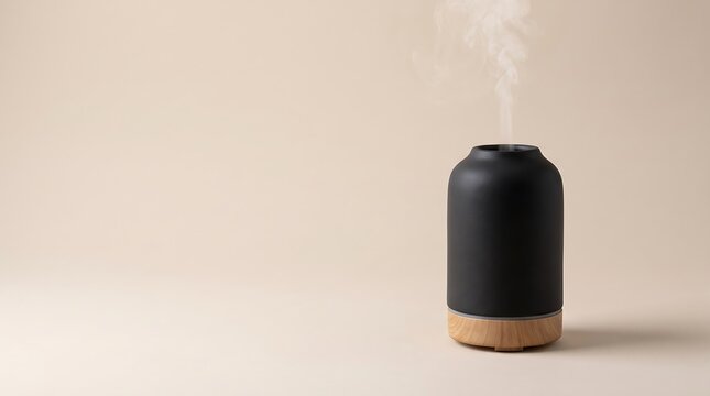 Modern black essential oil diffuser emitting vapor on beige backdrop