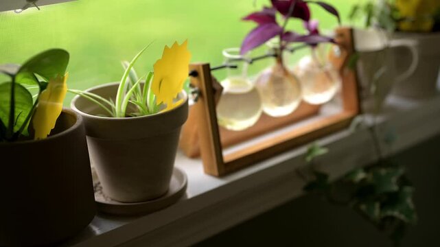 4K Video of Indoor Plant Propagation Station with Houseplants and Yellow Fungus Gnat Sticky Traps