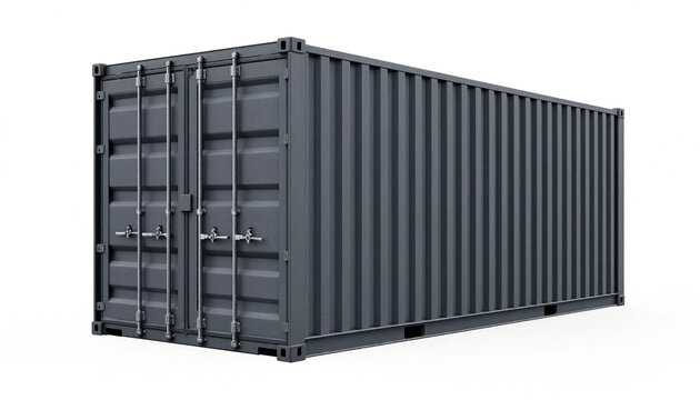Dark grey steel cargo shipping container side perspective view isolated on clean white background