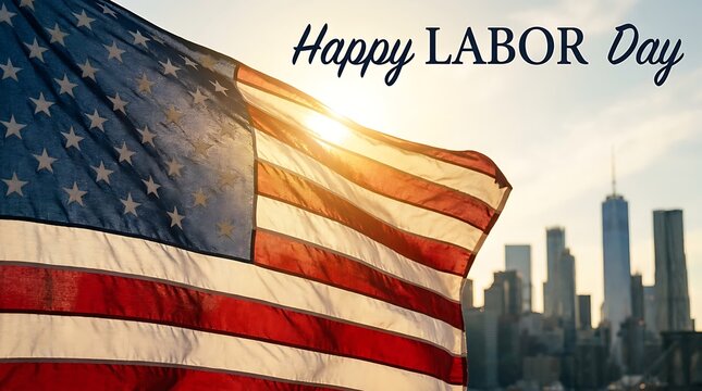 American flag ripples in the golden sunlight above a silhouette of the city skyline to honor workers on Labor Day.