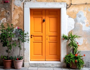 Fototapeta premium Golden wooden door with potted plants on steps.