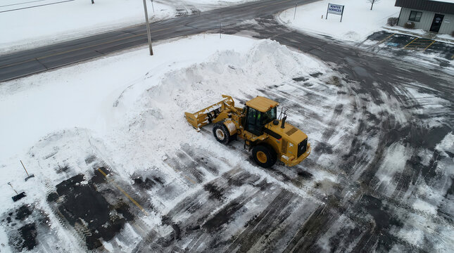 Aerial view of a yellow wheel loader clearing snow from a parking lot in winter