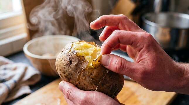 Hands Peeling Open Steaming Hot Baked Potato