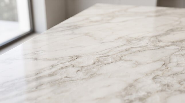 Marble countertop surface features elegant grey veining in a bright kitchen setting.