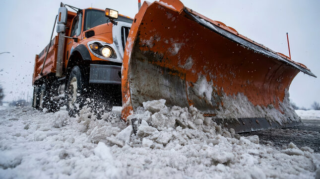 Orange snow plow truck clearing snow and ice from a road during a winter storm