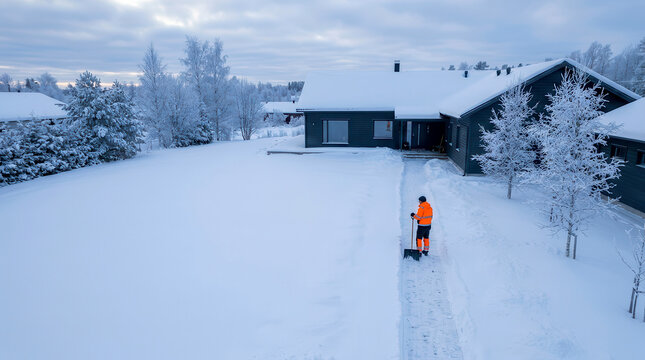 Worker in high visibility clothing clearing snow from a residential walkway in winter
