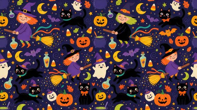 Seamless Halloween pattern with witches, black cats, pumpkins. Spooky background design for fabric. Cute fantasy style illustration suitable for prints, wrapping paper and textiles. Halloween