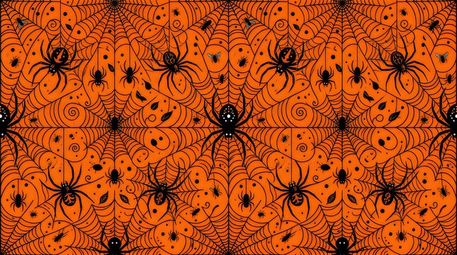 Halloween seamless pattern with spider web. Black spiders on orange background with jack o lantern pumpkins. Horror illustration for autumn decoration
