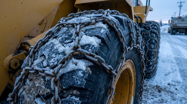Heavy construction vehicle tire with metal snow chains on a snowy road surface