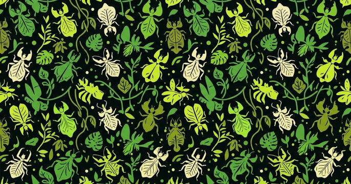 Seamless pattern with beetles and tropical leaves on black background