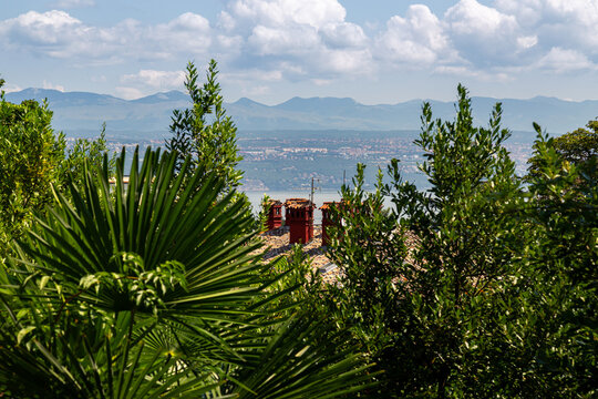 Palm trees and rooftops with Adriatic view and mountains in Lovran, Croatia