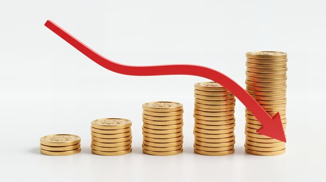 Profit loss illustration with stacked coins and red downward arrow isolated on white background.