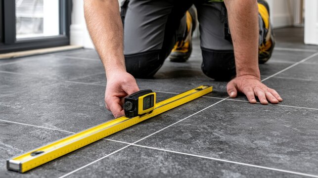 Worker measures tiled floor with tape measure and level during installation. Kneeling technician checks tile alignment on dark ceramic surface