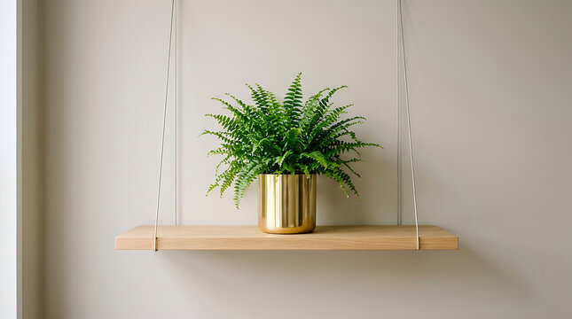 Potted fern plant on a minimalist wooden hanging shelf against a beige wall