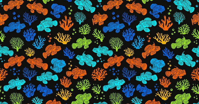 Seamless pattern of colorful mandarinfish and coral reef elements