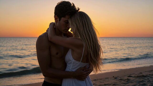 Embraced by Sunset: A couple shares an intimate moment on a serene beach at sunset, their silhouettes outlined against a warm, golden sky, conveying deep connection and romance.