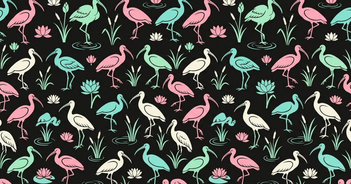 Colorful wading birds and water lilies pattern