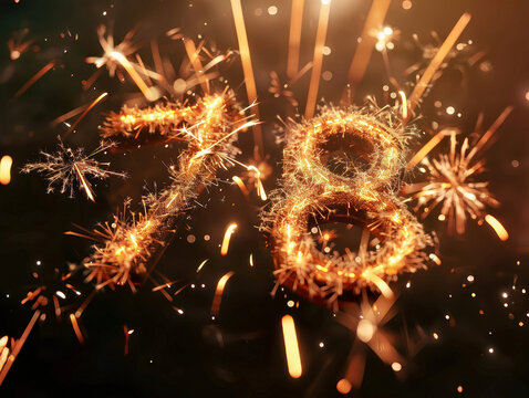 A lively birthday celebration, backdrop dark, lit by sparklers forming number 18 in vibrant colors yellow, white, gold Sparklers arranged horizontally, casting long shadows Soft bot - AI-Generated
