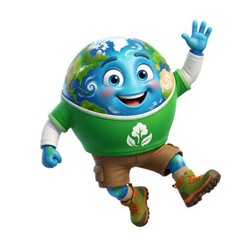 Friendly Earth globe mascot character, cute planet earth personification in green shirt, happy environmental conservation icon
