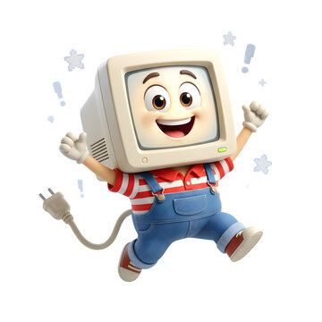 Retro computer character mascot, vintage monitor head boy in blue overalls, cute 3D tech mascot jumping on white background