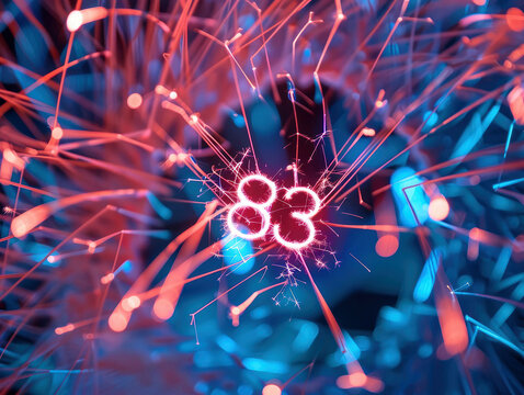 Close-up of fireworks display, dynamically exploding sparkler forming 83 in a high-tech setting Bright, white and dark sparks of varying sizes rapidly spreading outward from the center - AI-Generated