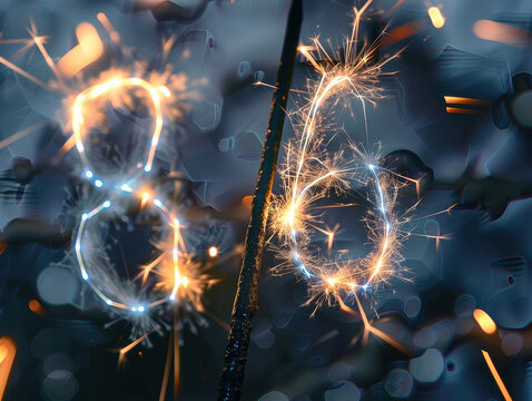 Close-up of firework display spelling 86 in sparkler pattern, contrasting light and shadow, high-tech aesthetic, vibrant warm colors, heart shape, dynamic scene, celebratory atmosphere, - AI-Generated