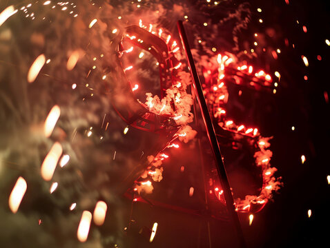 Close-up shot of synchronized fireworks display against dark sky, with number 95 prominently lit High-tech aesthetics, vibrant red and white colors, bright lighting, stark contrast - AI-Generated
