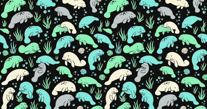 Gentle manatees and underwater plants seamless pattern