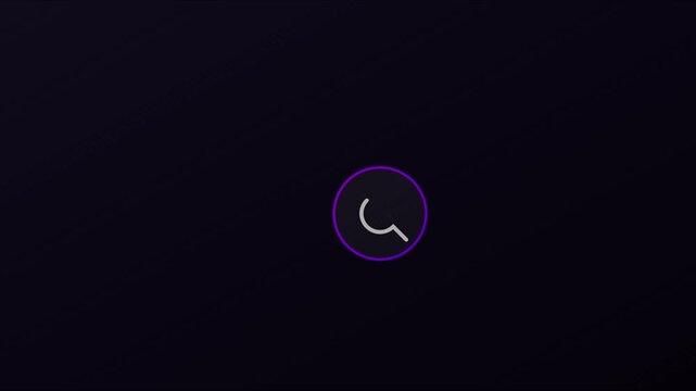 Minimalist loading spinner animation with expanding purple circles and search on dark 4k background progress