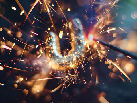 Close-up shot of a sparkler displaying U shape, contrasting light and shadow, high-tech aesthetic, fireworks stick Sparkler tip emitting white and gray sparks resembling lightning or f - AI-Generated